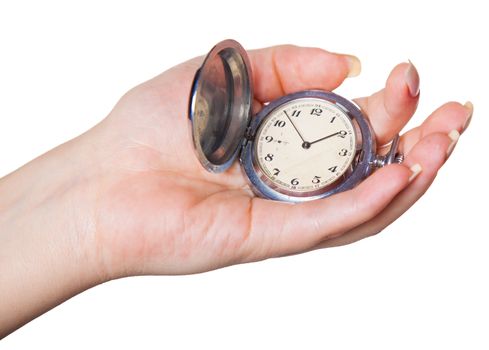 clock in a female hand, isolated white background