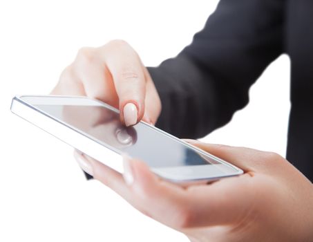 phone in hand, isolated white background
