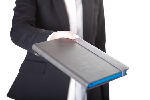 girl gives a notebook, isolated white background
