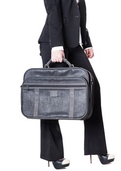 business woman in a suit with a bag, isolated white background
