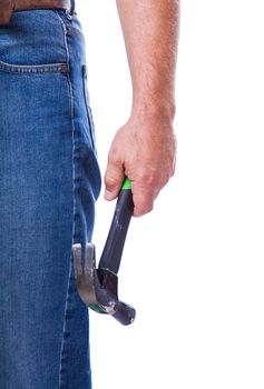 male hand holding a hammer isolated on white background