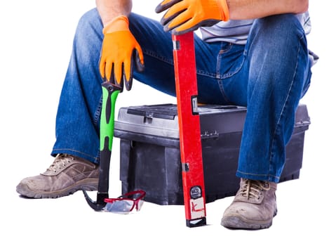 worker sitting on toolbox isolated white background