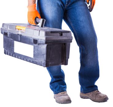 working in hands holds a box with tools isolated white background