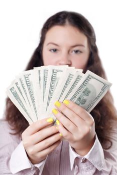 cute brunette girl considers money isolated