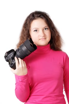 pretty curly girl with camera isolated on white background
