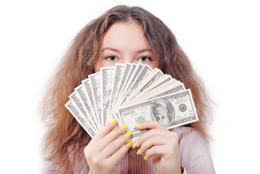 portrait of a girl with a fan of money isolated 