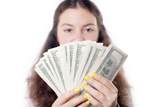 brunette girl with money isolated background