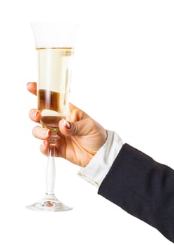 glass of sparkling champagne in hand isolated on a white background