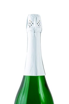 closed bottle of champagne close-up isolated on white background