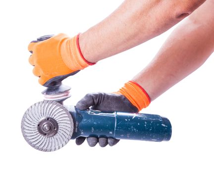 two male hands holding circular saw isolated on a white background