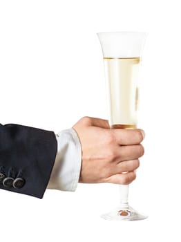 a glass of champagne in a female hand isolated on a white background
