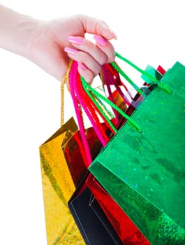 bags hang on his hand, isolated white background