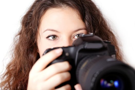 curly girl with camera isolated on white background