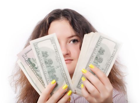 pretty girl finds money isolated white background