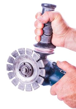 circular saw in male hands isolated on white background