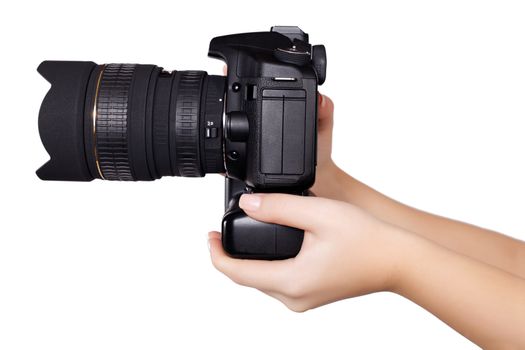 camera in hand isolated on white background