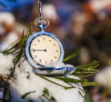 Watch on fir lying in the snow, Christmas background