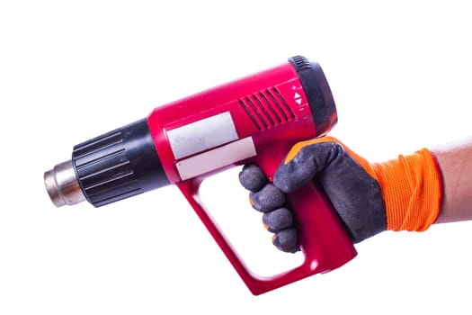 thermoelectric gun in man's hand isolated on white background