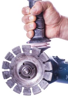 circular saw in male hand isolated white background