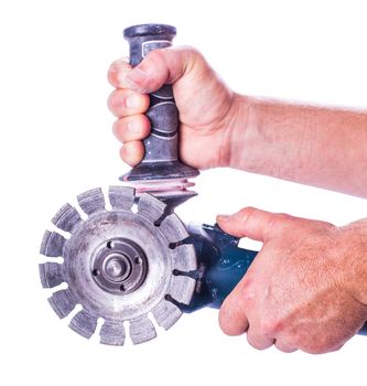 circular saw with two hands isolated on white background
