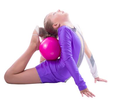 gymnast doing exercise with ball isolated on white background