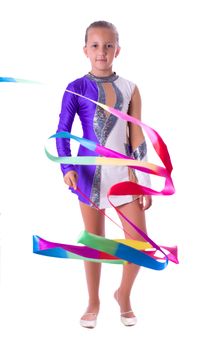 Girl gymnast with ribbon isolated on white background