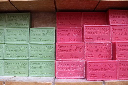 French Soaps from Marseille with different Colors and Smells. Nice, France