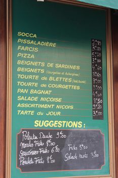 Menu of French Restaurant on a Slate in Nice, France