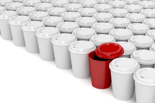 One different coffee cup in multiple rows of plastic coffee cups