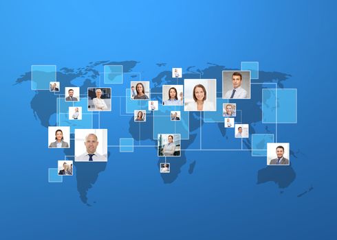 business, people, social network and head hunting concept - pictures of businesspeople over world map and blue background