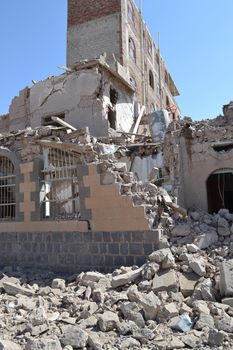 YEMEN, Sanaa: Buildings in Sanaa, Yemen show heavy damage on October 28, 2015 following recent airstrikes by the Saudi-led coalition amid a fierce civil war. According to the contributor, this photo shows the Al Jeraf neighborhood of Sanaa.