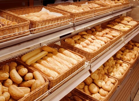 Variety of baked products at a supermarket 