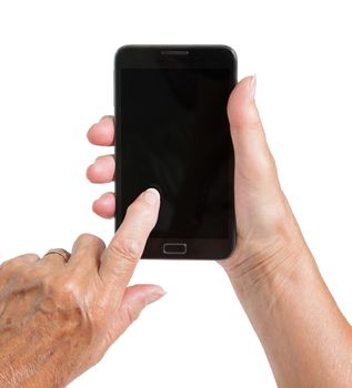 Senior woman hand with smart phone isolated on white background