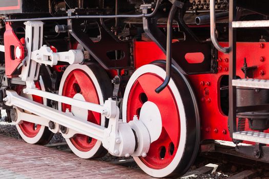 vintage, steam train close-up on a station background