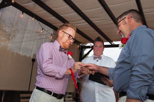 Minister with gay male couple putting on wedding rings