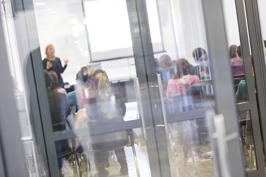 Speaker Giving a Talk at Business Meeting. Audience in the conference hall. Business and Entrepreneurship. Trough the glass door look.