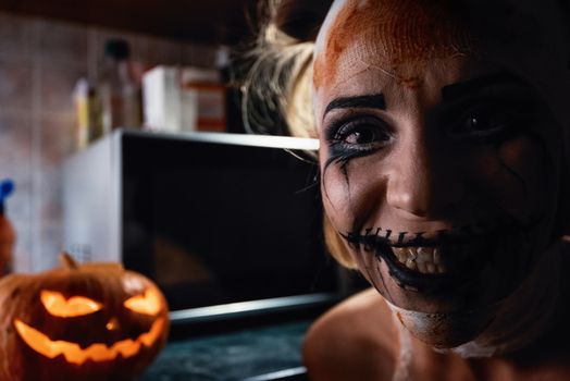 Horrible girl with scary mouth and eyes, halloween theme