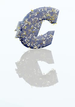 Big three-dimensional blue euro sign with reflection.