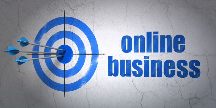 Success business concept: arrows hitting the center of target, Blue Online Business on wall background