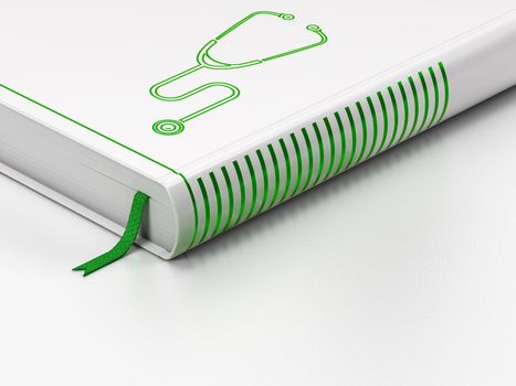 Health concept: closed book with Green Stethoscope icon on floor, white background, 3d render