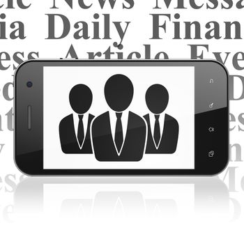 News concept: Smartphone with  black Business People icon on display,  Tag Cloud background