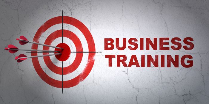 Success Education concept: arrows hitting the center of target, Red Business Training on wall background