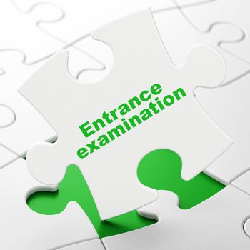Learning concept: Entrance Examination on White puzzle pieces background, 3d render