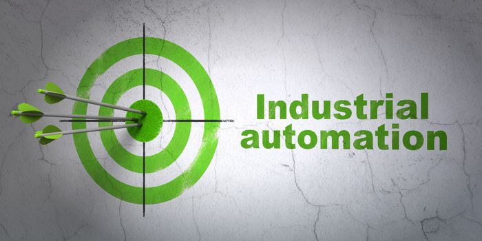 Success Industry concept: arrows hitting the center of target, Green Industrial Automation on wall background