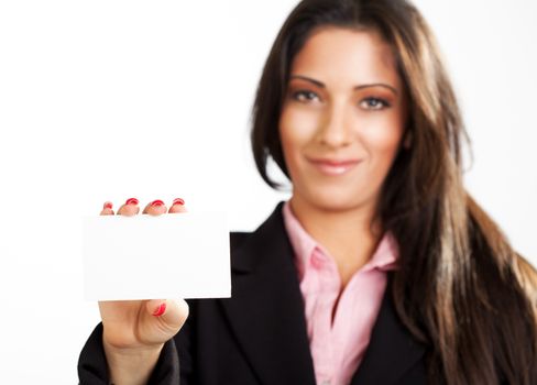 Businesswoman holding Blank business card. Selective focus. Focus on blank card.