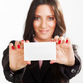 Businesswoman holding Blank business card. Selective focus. Focus on blank card.