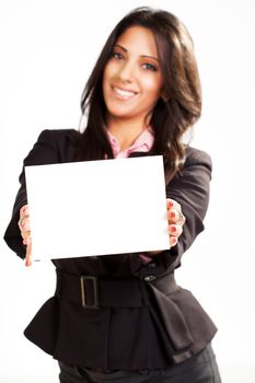 Businesswoman holding Blank card. Selective focus. Focus on blank card.