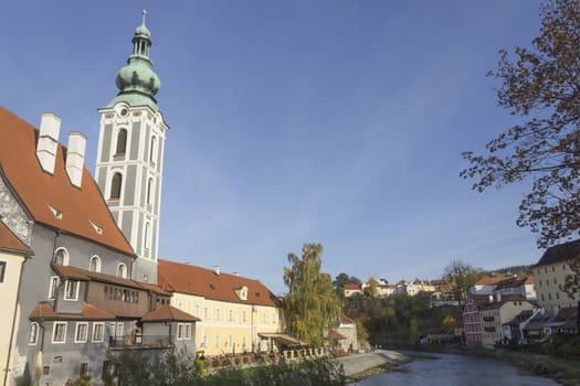 Views of famous Czech town Krumlov in autumn.