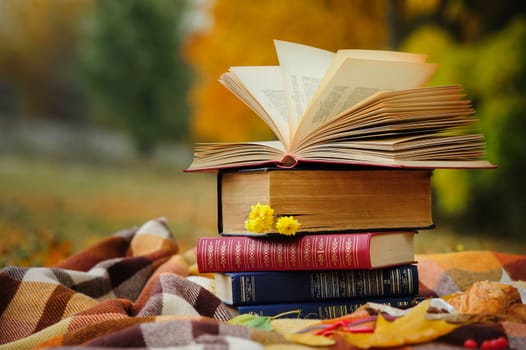 Romantic autumn still life with stacked books, plaid, croissant and leaves