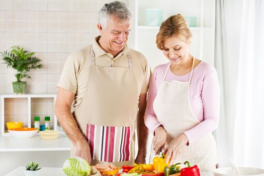 Happy Senior Couple preparing food in the kitchen.